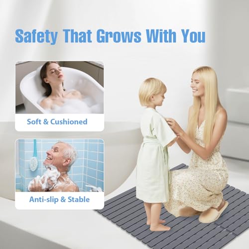 Shower Mat Non-Slip Bath Mat for Tub and Shower Stall,236 Suction Cups with Drain Holes, Quick Dry Machine Washable, Extra Grip for Stand Up Showers, Bathroom Essentials 24x24 Inch (Light Grey) - color: Light Grey