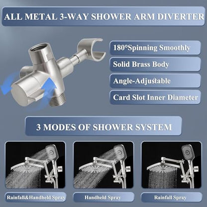 Rain Shower Head with Handheld Spray Combo, 12 Inch Rainfall Shower Heads with Adjustable Extention Arm, High Pressure Showerhead with 3-Way Diverter - Height/Angle Adjustable(Brushed Nickel) - color: Brushed Nickel, size: 12 Inch