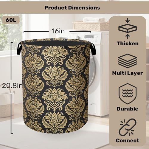 Gold Black Damask Flowers Laundry Basket - Extra Large Foldable Washable Laundry Hamper with Handles, Storage Bin for Bathroom/Laundry/Bedroom/Dorm - color: Golden Damask Flowers