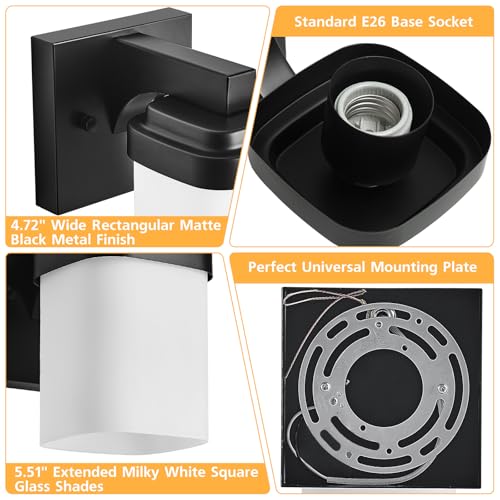 4.72 Inches Bathroom Vanity Lights, 1-Light Black Bathroom Llight Fixtures Over Mirror with Milky White Square Glass Shade, Modern Farmhouse Bathroom Wall Lamp, Wall Sconces Set of Two - color: Black, size: 4.7 Inch : 1-light