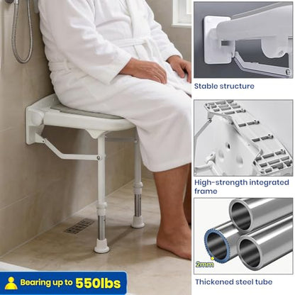 Wall Mounted Shower Seats with Bathroom Grab Bar, Support 550lbs, Adjustable Height Fold Down Shower Seat Wall Mounted, Folding Shower Bench Wall Mounted for Elderly-Adults-Pregnants-Seniors-Disabled - size: Shower Seat with grab bar