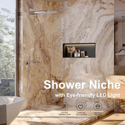 Qeke 30" X 12" Stainless Steel Shower Niche w/ 3 CCT Dimmable Light, Black | No Tile Needed Wall Niche, Recessed Niche w/ Light(3000K/4000K/6000K), IP66 Waterproof, Space Saving & Durable - color: Matte Black, size: 30" X 12"