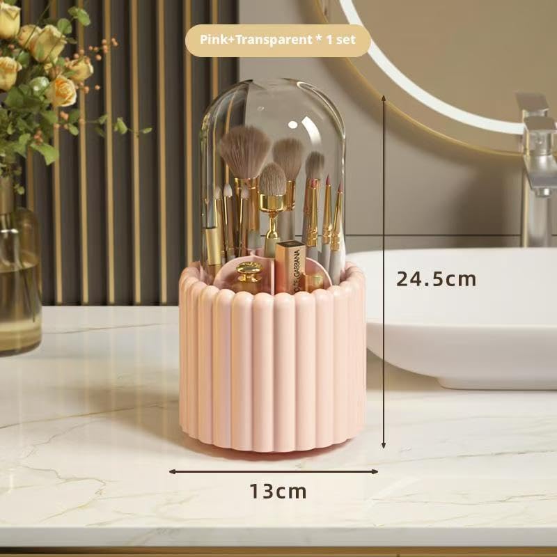 Makeup Brush Holder with Dustproof Lid, 360 Rotating Makeup Organizer for Vanity, 7 Slots Large Capacity Spinning Cosmetic Brushes Storage Box for Dresser, Bathroom Countertop, Pink