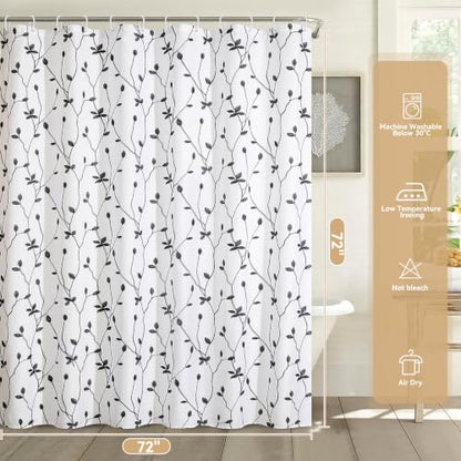 Embroidered Leaf Farmhouse Shower Curtain,Faux Linen,72Wx72L,White Black | Boho Modern Shower Curtain Set, Washable & Waterproof Fabric, Floral Shower Curtains for Bathroom with Hooks - color: White Black