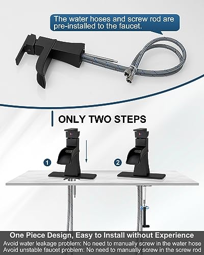 Waterfall Faucet, Brass Black Bathroom Sink Faucet 1 Hole or 3 Holes (4 Inch) with Single Handle, Pop-Up Drain, Lead-Free cUPC Supply Hoses & Deck Plate for Vanity Lavatory RV - color: Matte Black