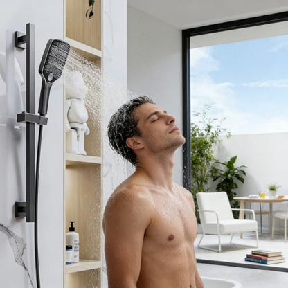 Bathroom Shower Slide Bar,26 Inch Square Slide Bar | with Height/Angle Adjustable Handheld Shower Head Holder Wall Mount , SUS 304 Stainless Steel (Matter Black)