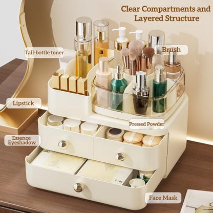 Makeup Organizer with Drawers and 360° Rotating Brush Holder,make up organizers for counter,Large Capacity Cosmetic Storage for Vanity,Skincare,Perfume