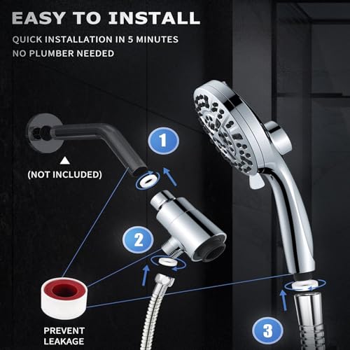High Pressure Shower Head with Magnetic Back Fixed Base Design,Handheld Showerhead with Hose Set Stainless Steel 59 inches/5 ft 10-Setting 5 inches Large Face,Chrome Finish - color: Metallic Silver