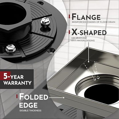 6 Inch Square Shower Drain Nickel Floor Drain with Flange Square Holes Pattern Cover Grate Removable SUS304 Stainless Steel Watermark&CUPC Certified Brushed Nickel - color: Brushed Nickel, size: 6 Inch