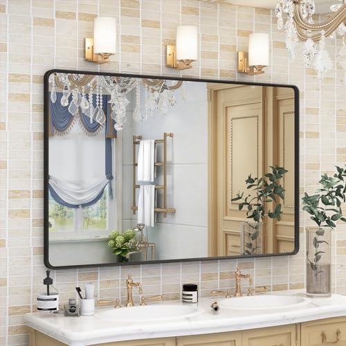OKPAL Black Bathroom Mirror for Wall, 48X30 Inch Bathroom Vanity Mirror, Black Rectangle Frame Mirror, Matte Black Metal Bathroom Mirror, Rounded Corner, Anti-Rust, Tempered Glass - color: Matte Black, size: 48"L x 30"W