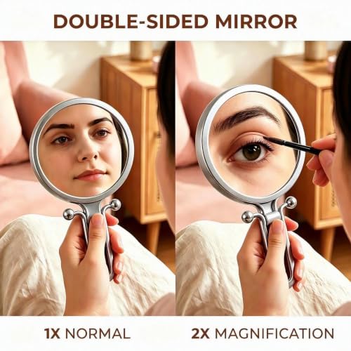 Magnifying Handheld Mirror Double Sided, Travel Makeup Hand Mirrors with 1X 2X Magnification, Small Hand/Desk Vanity Mirror (1Pc Silver) - color: 1pc Silver