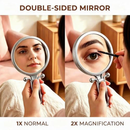 Magnifying Handheld Mirror Double Sided, Travel Makeup Hand Mirrors with 1X 2X Magnification, Small Hand/Desk Vanity Mirror (1Pc Silver) - color: 1pc Silver