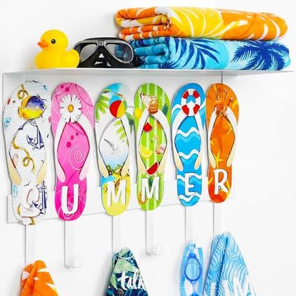 Pool Towel Rack Outdoor with 6 Hooks Summer Beach Wall Hook | 15.7" x 5.1" Wall Mounted Metal Towel Holder, Flip Hanger Hawaiian Rack, for Bathrobes Clothes Bag Swimsuit, Bathroom Decor