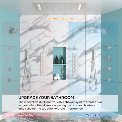 HOMEDEC Couples Luxury Shower System, LED 14x20" and 6" Side Shower Heads, 4-Way Diverter Valves Multi-Function Shower Faucet Set, Brushed Nickel - color: Brushed Nickel