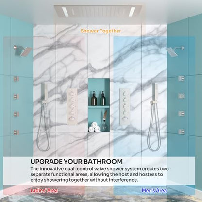 HOMEDEC Couples Luxury Shower System, LED 14x20" and 6" Side Shower Heads, 4-Way Diverter Valves Multi-Function Shower Faucet Set, Brushed Nickel - color: Brushed Nickel