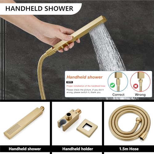 Midanya Shower Faucet Set with Handheld Sprayer,10 Inch,Brushed Gold | Rough-in Shower Valve and Trim Kit Included,Square Rain Head,Wall Mount Shower System,All Metal,Bathroom - color: Gold, size: 10 Inch