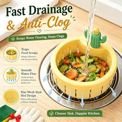Cactus Kitchen Sink Drain Strainer,Press Automatic Dumping Basket(Green) - color: Green