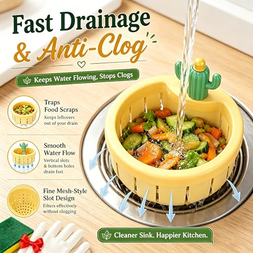 Cactus Kitchen Sink Drain Strainer,Press Automatic Dumping Basket（Yellow） - color: Yellow