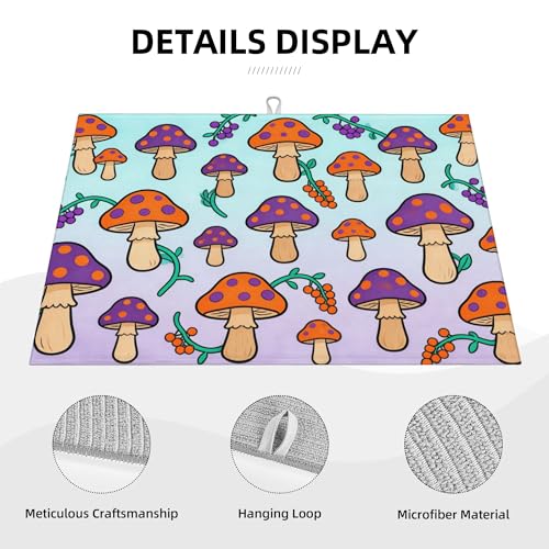 Cute Cartoon Mushroom Kitchen Dish Drying Mat Absorbent Reversible Microfiber Pad Fast Drying Countertop Protector Large “18 x 24" Dish Mat - color: Blue-purple-Mushroom