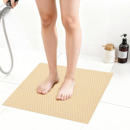 Extra Large Non-Slip Shower Mat, Fast-Dry PVC Bath Stall & Tub Mat, Drain-Hole Design,for Shower Stall Tub for Elderly/Kids，Non Slip Bathroom Safety Accessory，Beige 21"x21" - color: Beige, size: 21" x 21" (Rectangular)