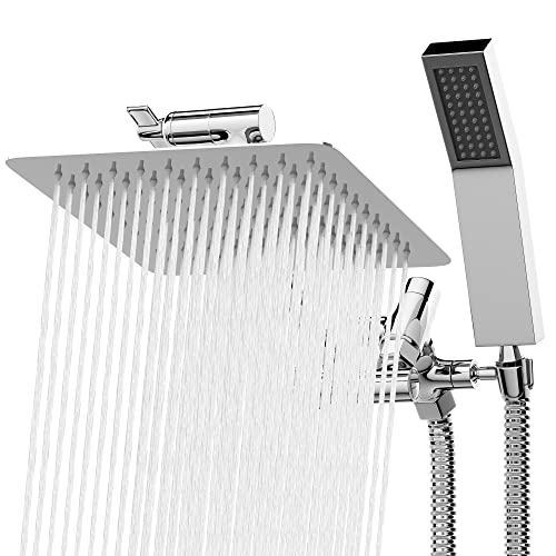 All Metal Shower Head 8" Dual Square Shower Head With Handheld Wand 71in Hose Set, High Pressure Rain Shower Heads Combo, 3-Way Diverter Rainfall Showerhead with Adjustable Extension Arm - color: Deluxe Chrome, size: 8 Inches, 2.5 GPM