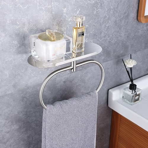 Towel Ring with Shelf Steel Self, Stainless Steel Bath Towel Rings, Self Adhesive Hand Towel Ring for Bathroom, Wall Mounted Towel Hanger for Bathroom Kitchen (Silver) - color: Silver
