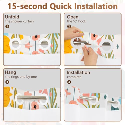 No Hook Shower Curtain with Snap in Liner, Boho Floral Shower Curtain with Mesh Top Window and Weighted Hem, 71x74 Inches Double-layer Waterproof Fabric Flower Shower Curtain and Removable Liner Set - color: Gorgeous Flowers