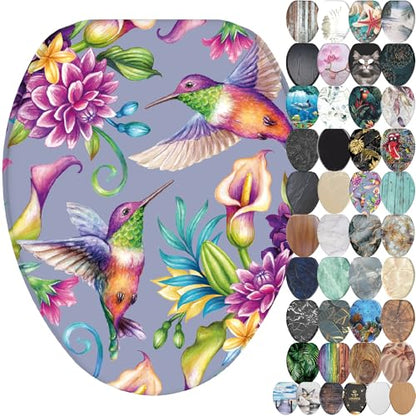 SANILO Wooden Toilet Seat with Soft Close [ELONGATED] - Decorative, Quiet & Slow Close Molded Wood Seat - With Strong Bumpers & Hinges - Adjustable Fit - Hummingbird - color: Hummingbird