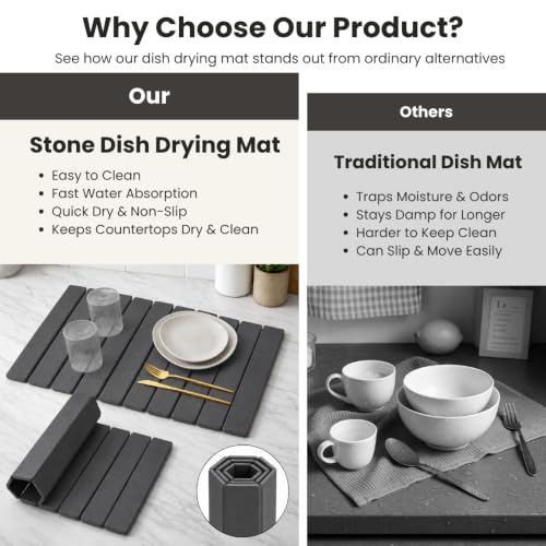 Stone Dish Drying Mat for Kitchen Counter, Large Quick Dry Diatomaceous Earth Stone Drying Mat, Foldable Water Absorbent Dish Drying Mat for Dishes, Cups, Bottles, Kitchen Sink & Countertop (Grey) - color: Gray
