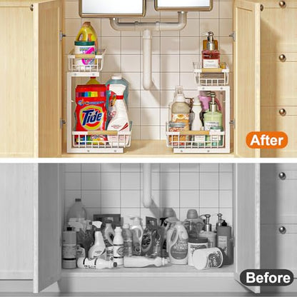 Under Sink Organizer, Height Adjustable Under Sink Organizers and Storage, 2 Tier Pull Out Drawer Cabinet Storage for Kitchen Bathroom, 1 Pack, White | cabinet organizer, 5 level adjustable, quiet sliding rails, dual suction and nano tape, no drill, rust
