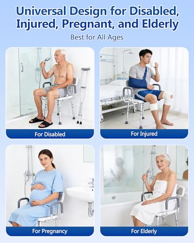 Shower Chair with Back and Arms, 330 lb Capacity | Height Adjustable, Padded Armrests, Non-Slip Seat, For Seniors, Elderly and Disabled Users