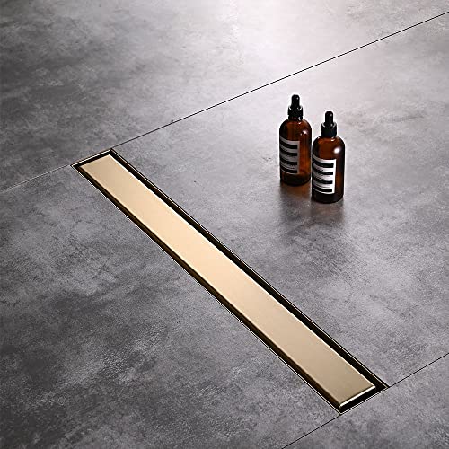 AVSIILE Linear Shower Floor Drain, Brushed Gold 24 Inch 304 Stainless Steel Bathroom Drains Kit, Rectangular Shower Trench Drain with Reversable Tile-in Pattern Drain Cover & Hair Catcher - color: Brushed Gold, size: 24 Inch