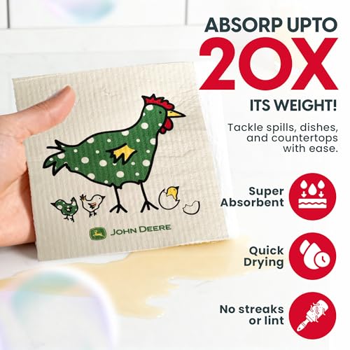 John Deere Chix Chickens - Swedish Dishcloth Reusable Towel Set for Kitchen | Biodegradable Absorbent Cleaning Washcloths for Dishes, Household Surfaces | Washable, & Quick Drying | 2-Pack - color: Chix Towle