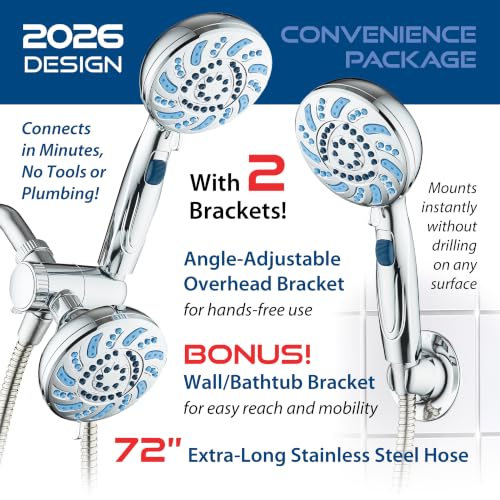 AquaCare 2026 High Pressure Dual Handheld Shower Head Combo w/Pause Switch | Detachable Showerhead Wand, Stay-Clean Jets, Extra-long 6 ft. Stainless Steel Hose, Dual Wall & Overhead Brackets / Chrome - color: Chrome
