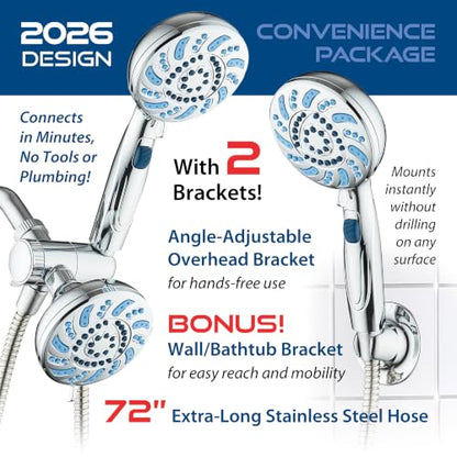 AquaCare 2026 High Pressure Dual Handheld Shower Head Combo w/Pause Switch | Detachable Showerhead Wand, Stay-Clean Jets, Extra-long 6 ft. Stainless Steel Hose, Dual Wall & Overhead Brackets / Chrome - color: Chrome