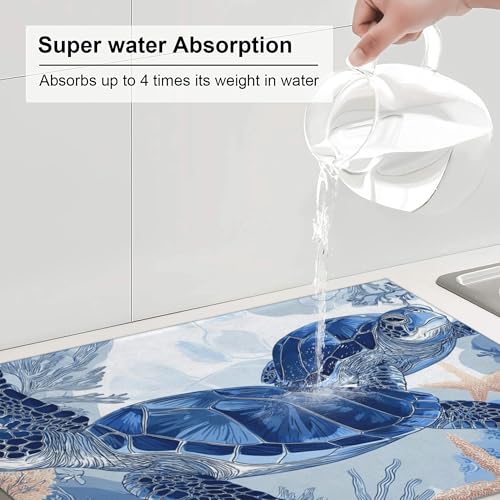 Sea Turtle Kitchen Dish Drying Mat Absorbent Reversible Microfiber Pad Countertop Protector Fast Drying Dish Mat Large 18"x24" - color: Slate Blue-Turtle