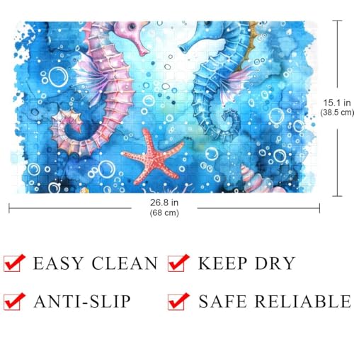 Non Slip Bath Mat for Tub, 15.1 x 26.8 Inch Bathtub Mat Machine Washable Shower Mat with Drain Holes and Suction Cups, Watercolor Splash Cute Seahorse Sea Shells - color: Multi 09