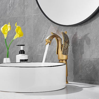 Antique Brass Swan Shape Single Handle One Hole Bathroom Vessel Sink Faucet Deck Mount Lavatory Sink Faucet - color: Antique Brass, size: Tall