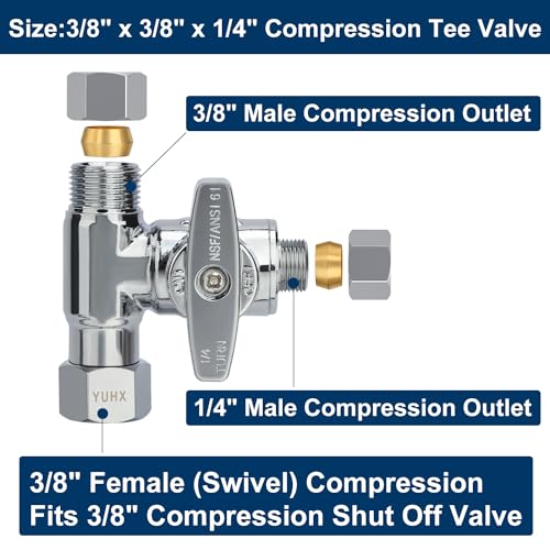 1/4 3/8 water line splitter, Feed Water Adapter for Refrigerators,Ice Maker | 3/8 Compression Tee Brass Angle Stop Add-A-Tee Valve, Under Sink Refrigerator Water Line Connector, 3/8" x 3/8" x 1/4" - size: 3/8x3/8x 1/4 Refrigerator RO System T