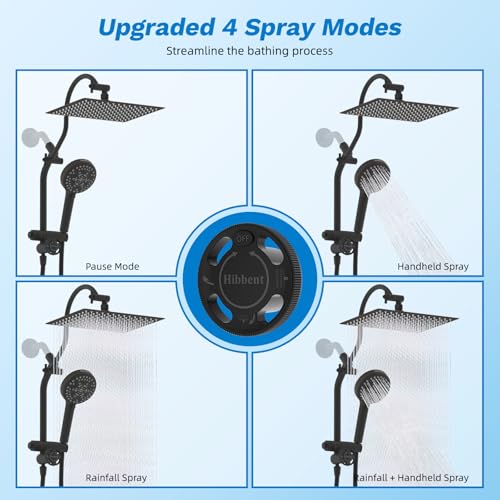 Hibbent High Pressue All Metal 12" Rainfall Shower Head, Handheld 10-Spray | cUPC Certified Oil-Rubbed Bronze Dual Showerhead Combo, 4-way Diverter with Pause Mode, Extension Arm, 71'' Hose & Holder - color: Oil Rubbed Bronze, style: Square 12"
