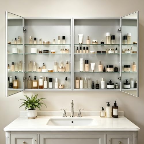 24"x 32"Bathroom Medicine Cabinet,Double-Sided Mirror Door | Silver Aluminium Frame,Lightweight,Sturdy and Attractive,Simple Wall-Mounted,Adjustable Shelves,Tempered Glass - size: 24"x 32"