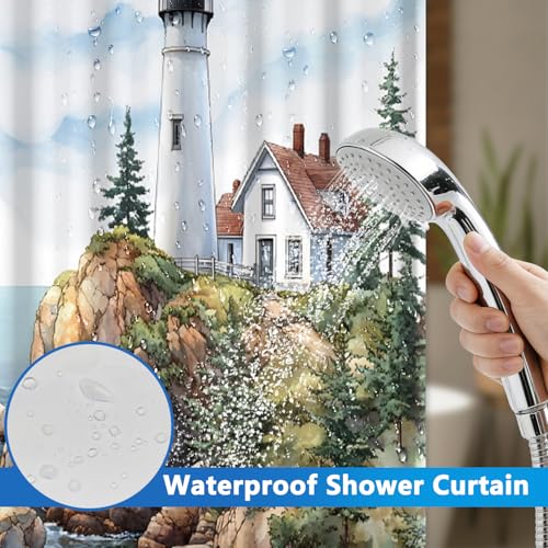 No Hook Shower Curtain and Liner Set, Seaside Lighthouse Pattern Shower Curtain No Hooks with Snap in Liner, 71x74in Easy Hang Shower Curtains for Bathroom with Mesh Top Window and Weighted Hem - color: Lighthouse