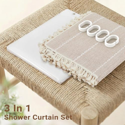 BTTN 3 in 1 Shower Curtain with Liner, 78 Inch Long Boho Linen Striped Cloth Shower Curtain Set with Hook, Farmhouse Bohemian Country Waterproof Fabric Shower Curtain for Bathroom, Tan/Taupe, 72x78 - color: Taupe With Liner, size: 72"W x 78"L (Pack of 1)