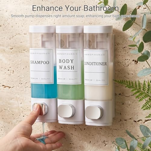 Shampoo and Conditioner Dispenser, Shower Soap Dispenser Wall Mounted, Shampoo Dispenser for Shower Wall No Drill, Bathroom Body Wash Dispenser 3 * 350ml White 3 Chamber - size: 3