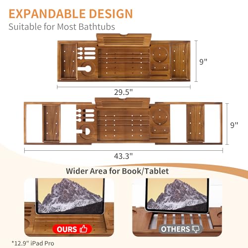 Luxury Teak Bathtub Tray - Foldable Bath Caddy with Expandable Handles, Wine Glass & Phone Holder, Book Stand - Enhance Home Spa Experience with Natural Material - Relaxing & Reading, Teak - color: Teak