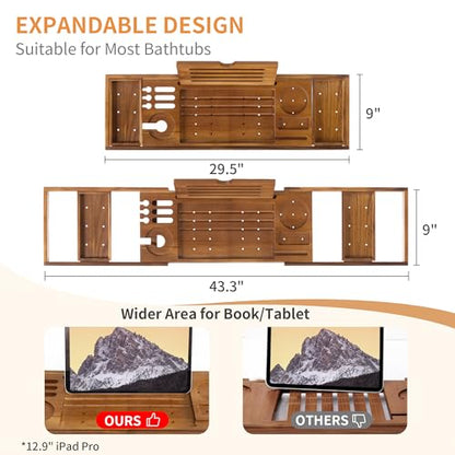 Luxury Teak Bathtub Tray - Foldable Bath Caddy with Expandable Handles, Wine Glass & Phone Holder, Book Stand - Enhance Home Spa Experience with Natural Material - Relaxing & Reading, Teak - color: Teak