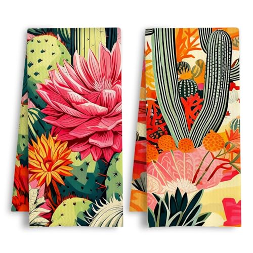 Retro Pink Western Cactus Kitchen Towels, Southwest Desert Scenery Dish Tea Towels, Boho Floral Succulent Plants Decorative Hand Towel for Kitchen Bathroom, 16x24 Inch Set of 2 - color: Retro Cactus