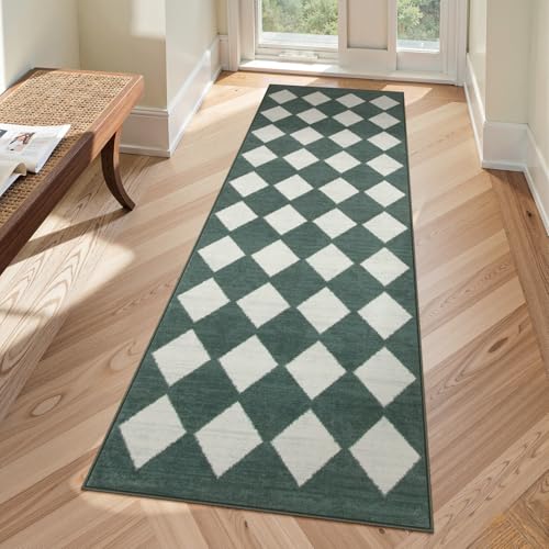 Lahome Zelie Checkered Washable 2x6 Green Runners for Hallways Non Slip, Ultra-Thin Kitchen Bathroom Runner Rugs, Moroccan Trellis Throw Carpet Runner for Bedroom Entryway Decor (2'x6',Dark Green) - color: Dark Green, size: 2' x 6' (Runner)