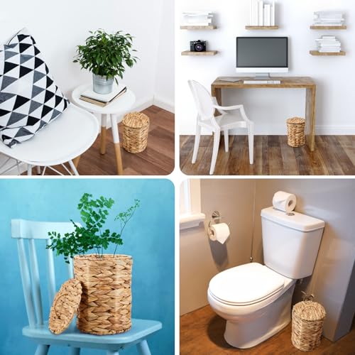 Ctosree 1.3 Gal Boho Wicker Trash Can with Lid,Natural | Small Woven Waste Basket with Lid Handle, 100 Bags Included, Boho Design for Bedroom Bathroom Office Laundry - color: Natural, style: Round