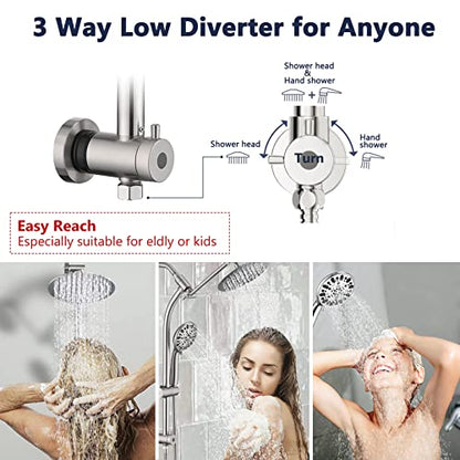 Rainfall 8 Inch Round Shower Head with High Pressure Handheld Spray Combo, Drill-Free Slide Bar with Adjustable Shower Extension Arm, 3-Way Diverter for Easy Reach, 5Ft Hose- Brushed Nickel - color: Brushed Nickel